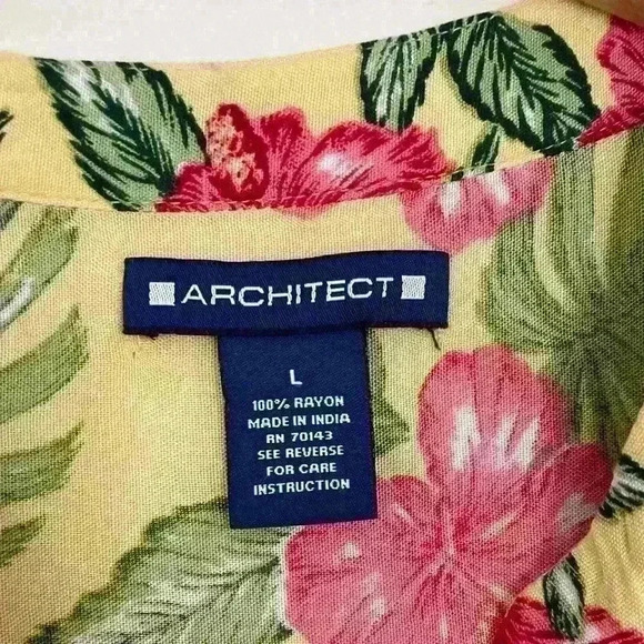 Architect Tropical Button Front Shirt Yellow Size Large Short Sleeve Top V Neck - Picture 5 of 6